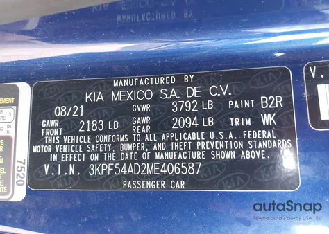 2021 Kia Forte Ex z USA, uszkodzony, nr VIN 3KPF54AD2ME406587